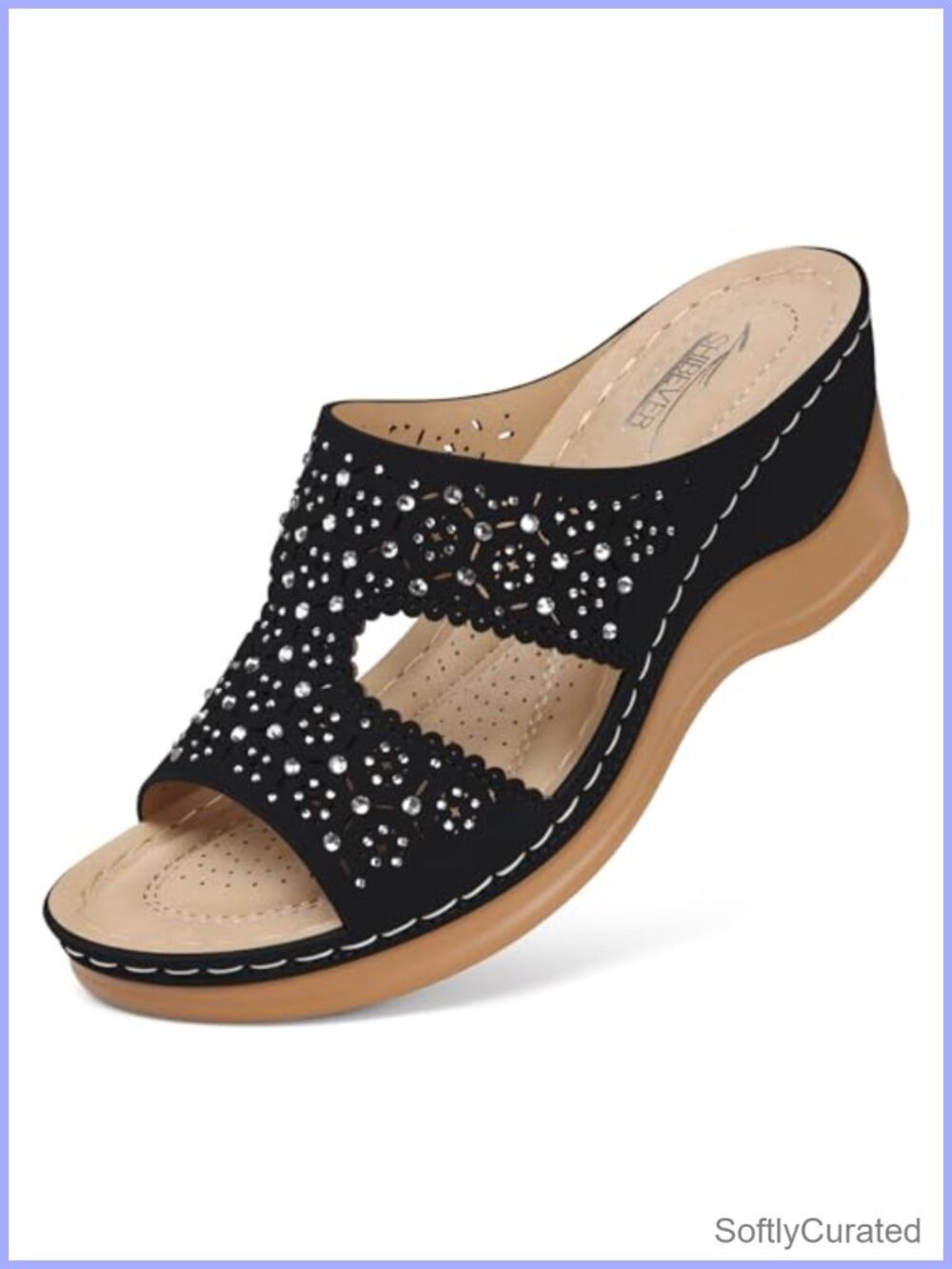 Wedge Sandals Slip On Comfort Low Heel Open Toe Rhinestone Arch Support Non Slip